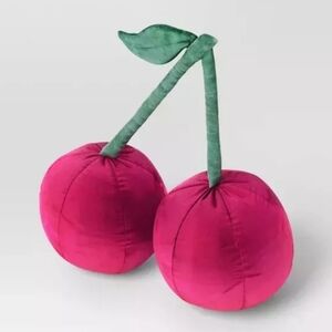 New Pink Cherries Velvet Plush Throw Pillow 14" Valentines Day Soft